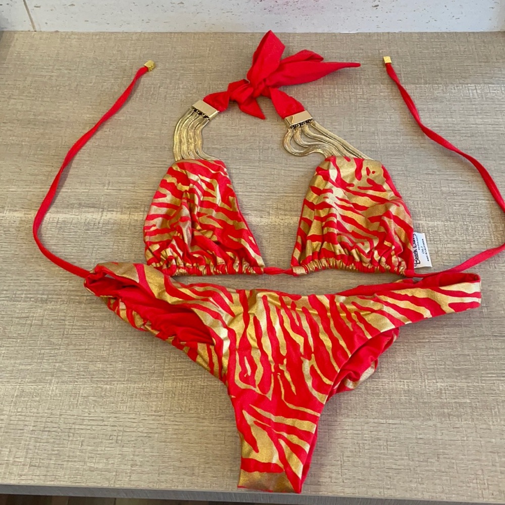 Beach Bunny Red & Gold Bikini. Top XL bottom L